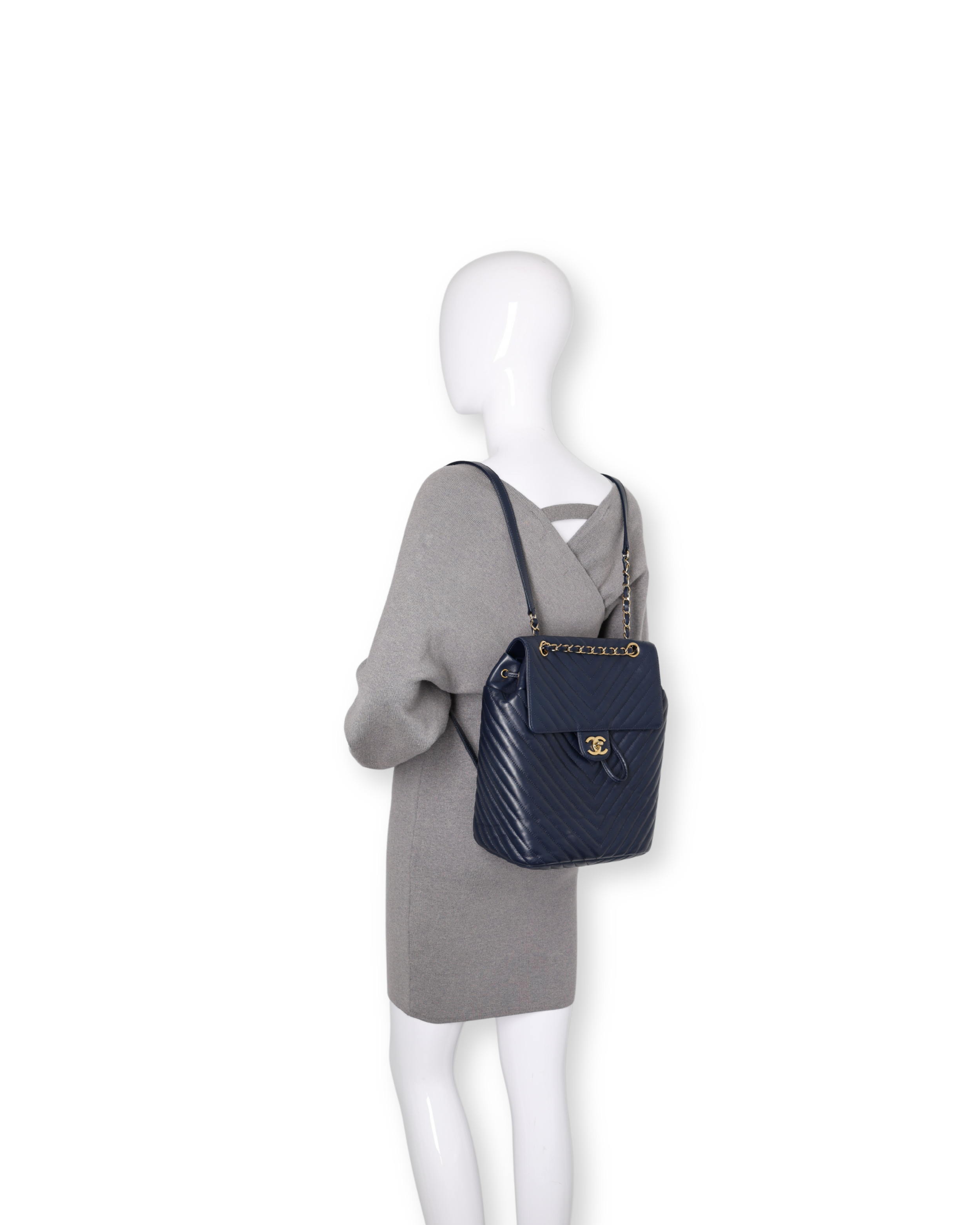Chanel - Chevron Quilted Chain Backpack Navy Lambskin Leather (Pre-Owned)