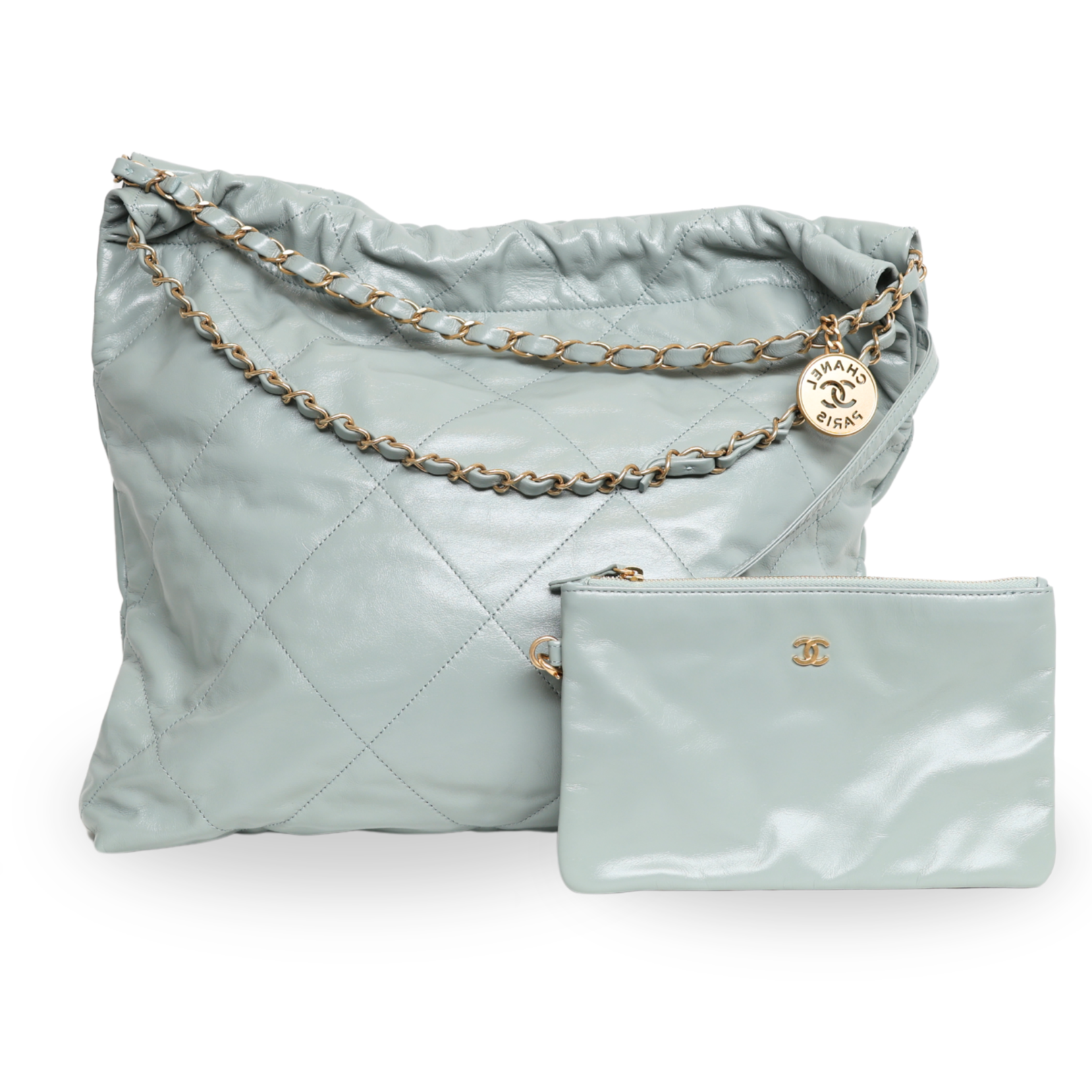 Chanel - Shiny Calfskin Quilted Small Chanel 22 Grey (Brand New)