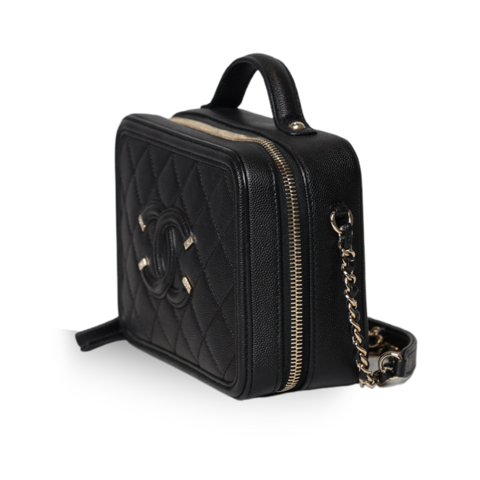 Chanel - Filigree Vanity Case Black Quilted Caviar Small (Pre-Owned)