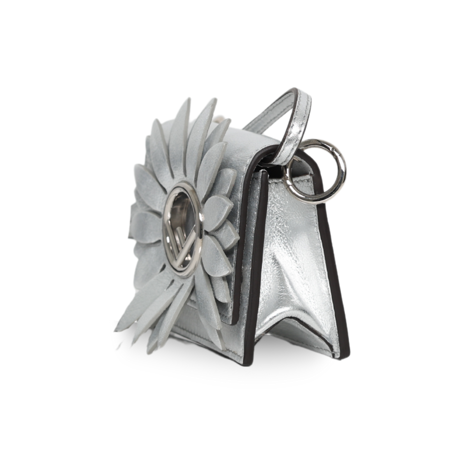 Fendi - Micro Baguette Charm in Silver Leather with Flower Appliqué (Pre-Owned)