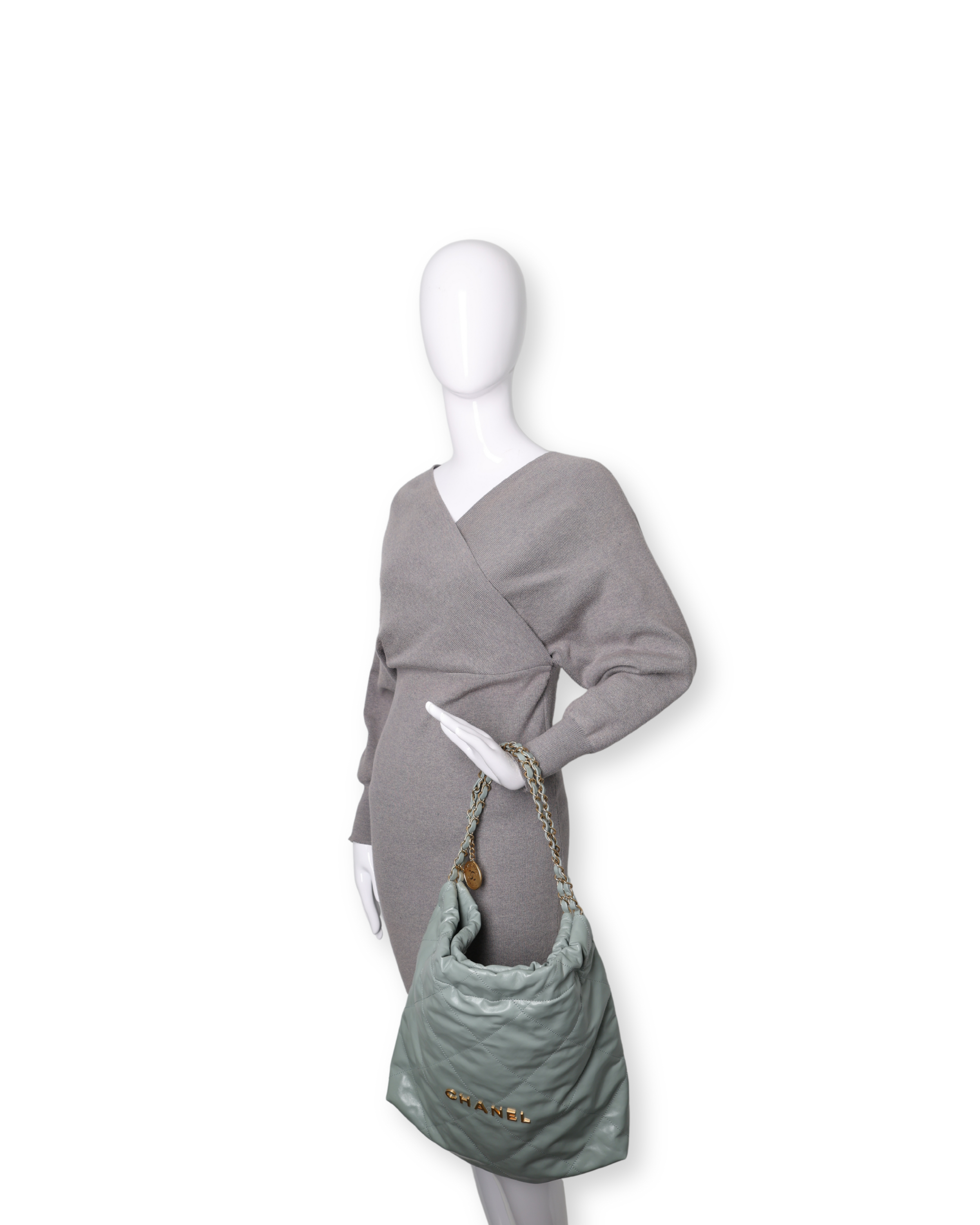 Chanel - Shiny Calfskin Quilted Small Chanel 22 Grey (Brand New)