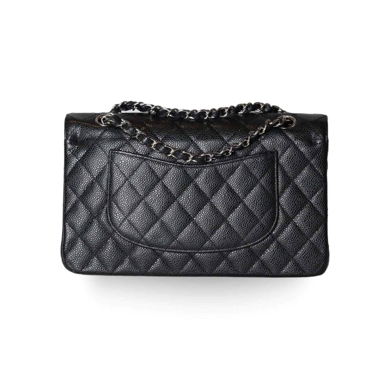 Authentic Chanel Classic Flap Bag – Medium Black Caviar features elegant diamond quilting and silver-tone hardware.