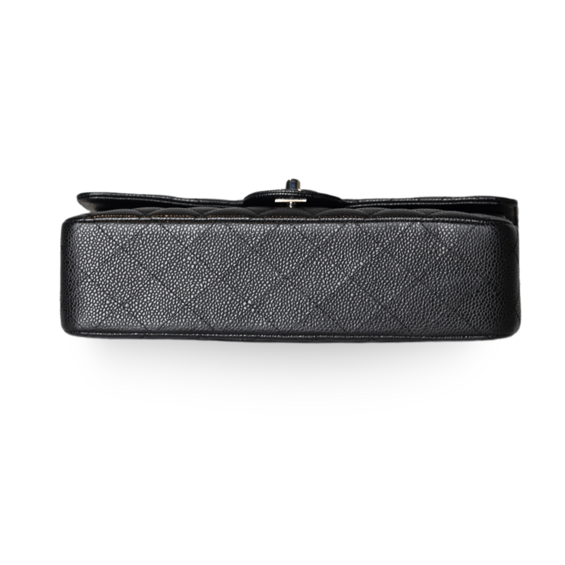 Elegant Authentic Chanel Classic Flap Bag – Medium Black Caviar showcasing signature diamond quilting and silver-tone hardware.