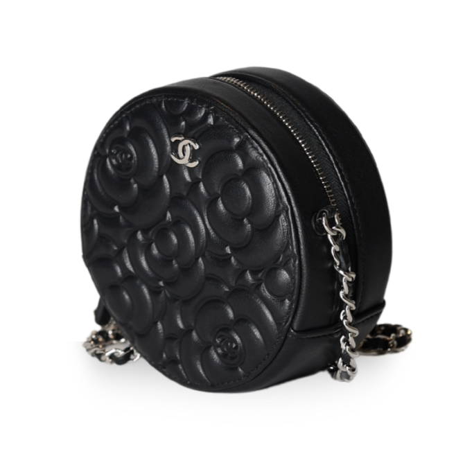 Chanel - Camellia Embossed Coin Purse Black Lambskin Silver Hardware (Pre-Owned)