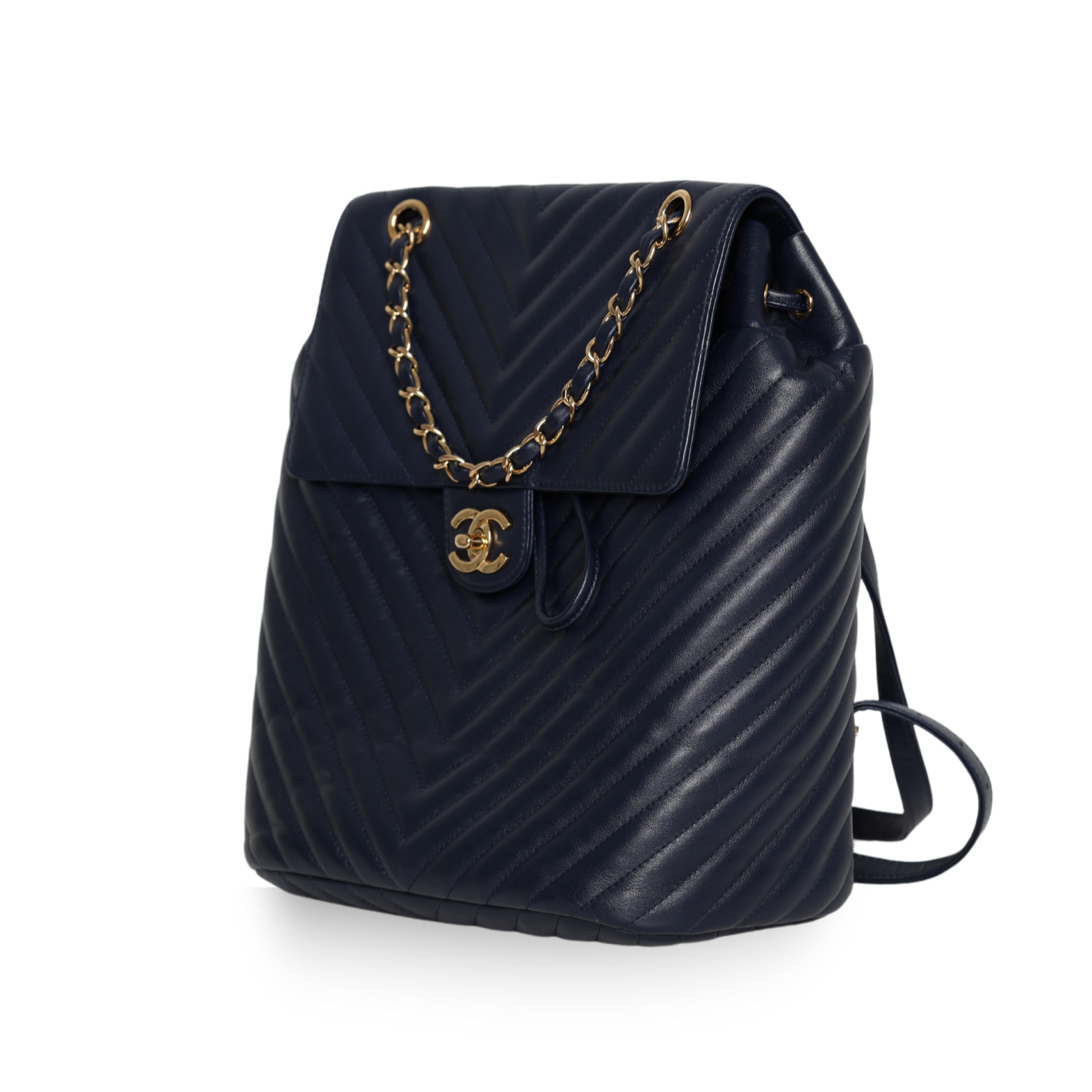 Chanel - Chevron Quilted Chain Backpack Navy Lambskin Leather (Pre-Owned)