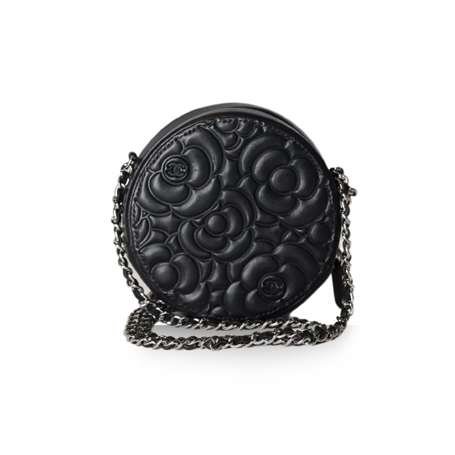 Chanel - Camellia Embossed Coin Purse Black Lambskin Silver Hardware (Pre-Owned)