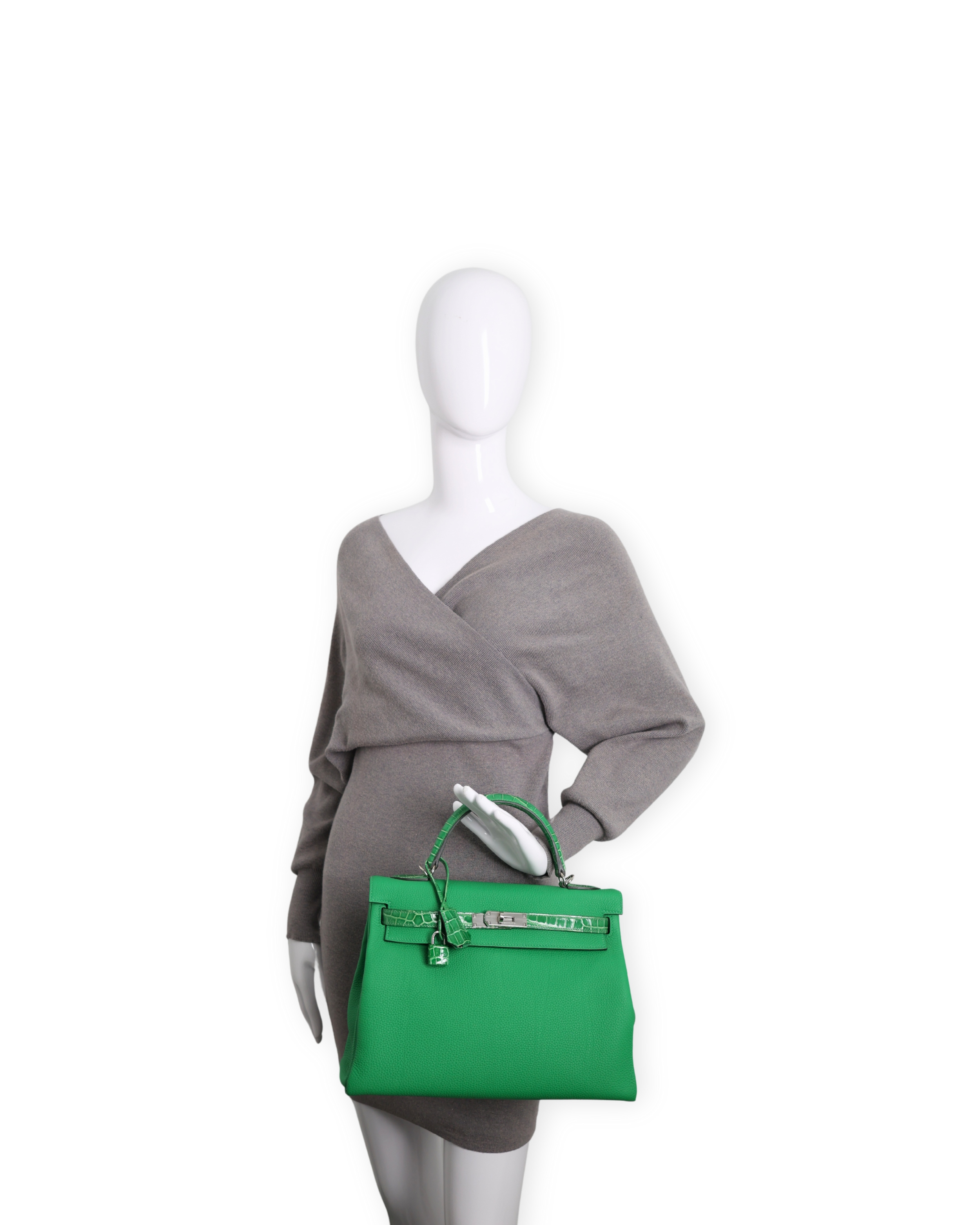 Hermes - Togo Kelly II Touch Retourne 32cm Green Crocodile Trim Palladium (Brand New)