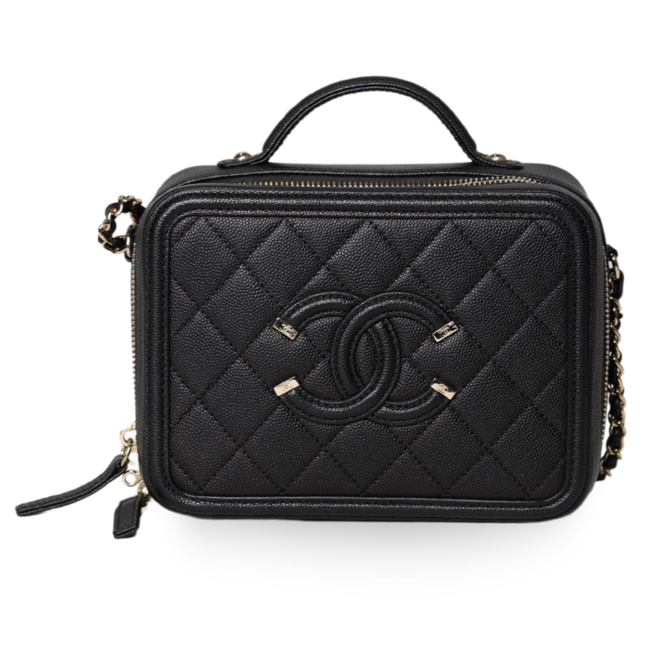 Chanel - Filigree Vanity Case Black Quilted Caviar Small (Pre-Owned)