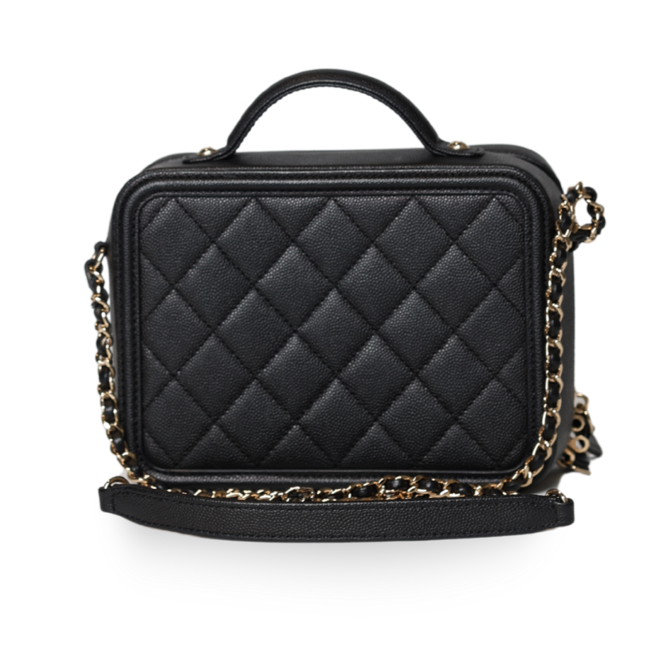 Chanel - Filigree Vanity Case Black Quilted Caviar Small (Pre-Owned)