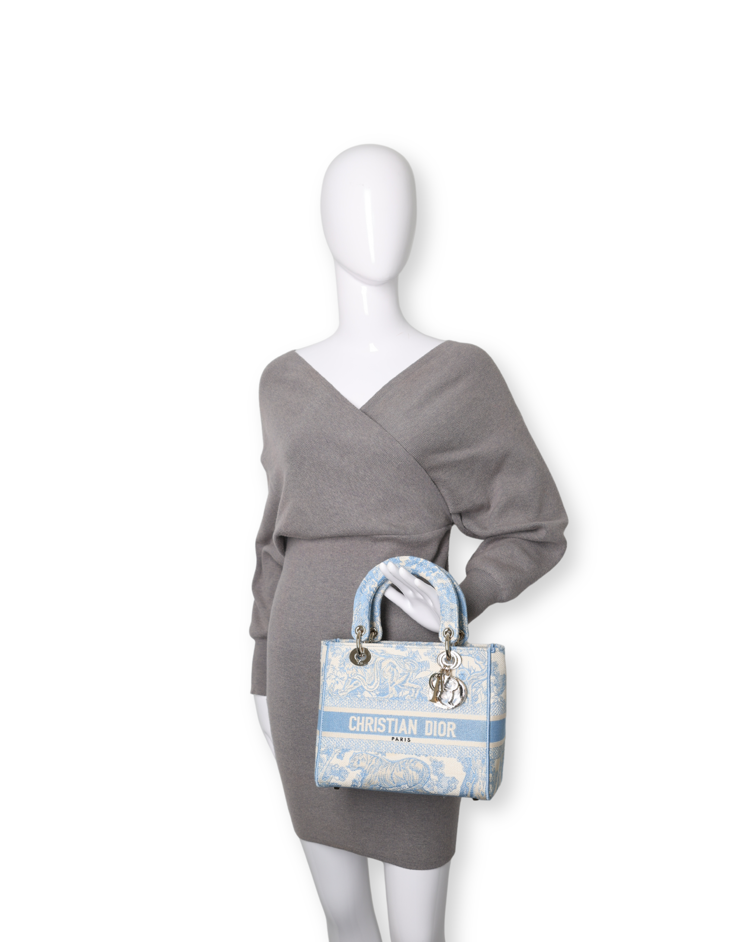 Dior - Canvas Toile De Jouy Embroidered Medium Lady D-Lite Blue (Pre-Owned)