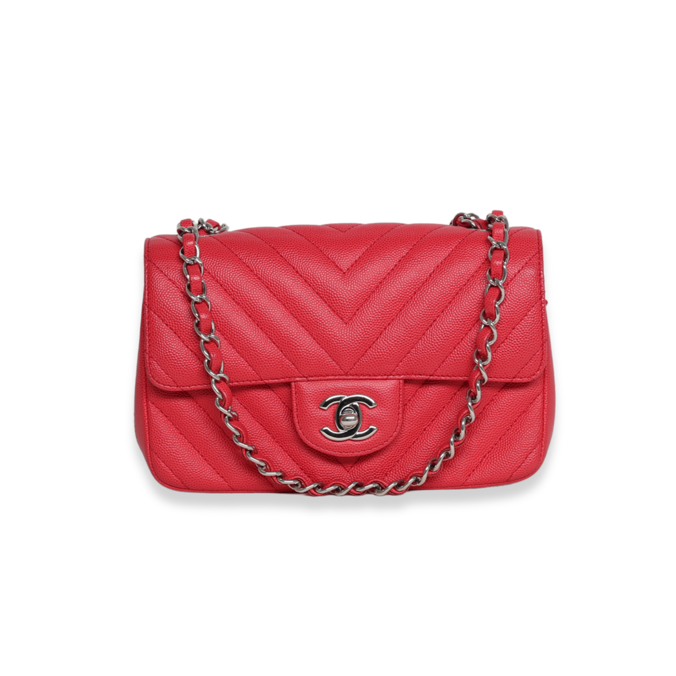 Chanel - Caviar Chevron Quilted Mini Rectangular Flap Red (Pre-Owned)
