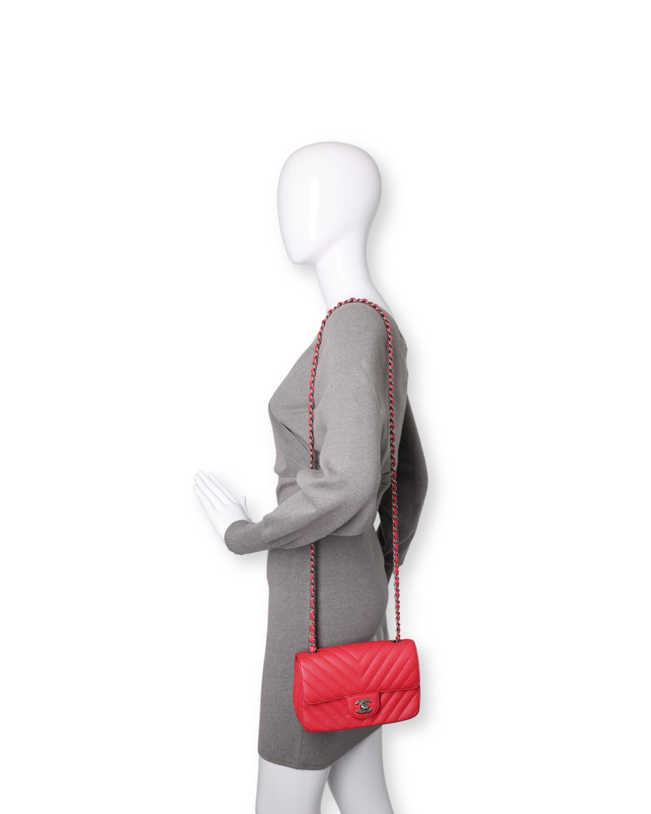 Chanel - Caviar Chevron Quilted Mini Rectangular Flap Red (Pre-Owned)