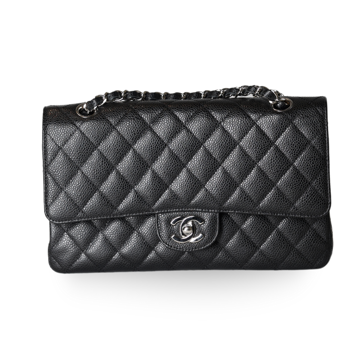 Elevate your style with the Authentic Chanel Classic Flap Bag – Medium Black Caviar, featuring diamond quilting and silver hardware.