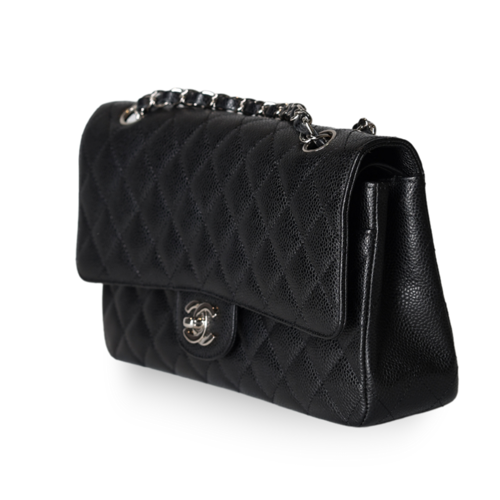 Elegant Authentic Chanel Classic Flap Bag – Medium Black Caviar with silver hardware and signature diamond quilting.