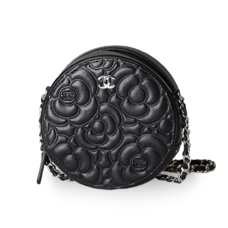 Chanel - Camellia Embossed Coin Purse Black Lambskin Silver Hardware (Pre-Owned)